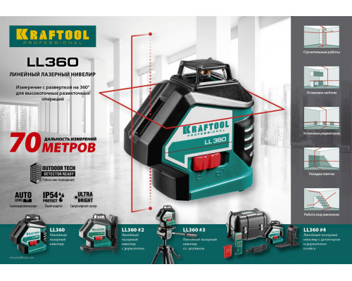 KRAFTOOL LL360 #2 нивелир лазерный, 2х360° , 20м/70м, IP54, точн. +/-0,2 мм/м, держатель, в коробке