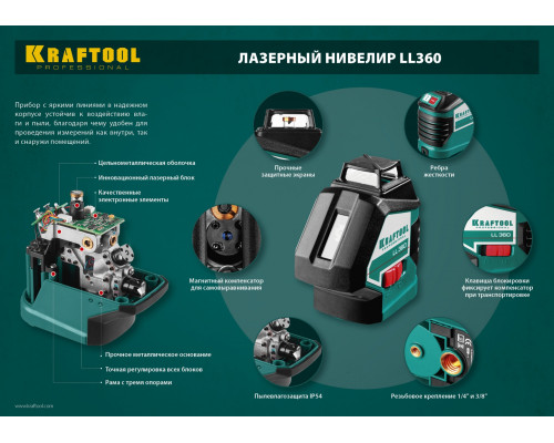 KRAFTOOL LL360 #2 нивелир лазерный, 2х360° , 20м/70м, IP54, точн. +/-0,2 мм/м, держатель, в коробке