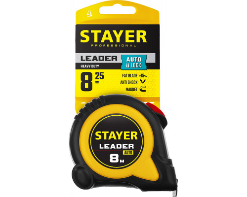 STAYER LEADER 8м / 25мм рулетка с автостопом в ударостойком обрезиненном корпусе