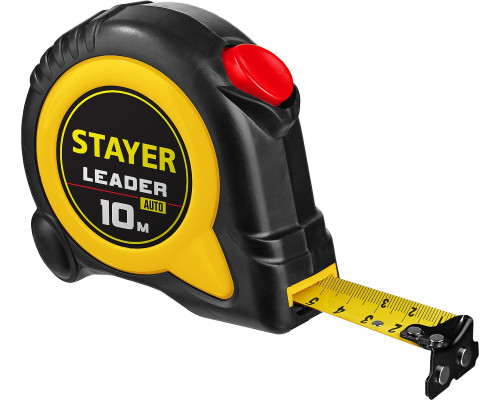 STAYER LEADER 10м / 25мм рулетка с автостопом в ударостойком обрезиненном корпусе