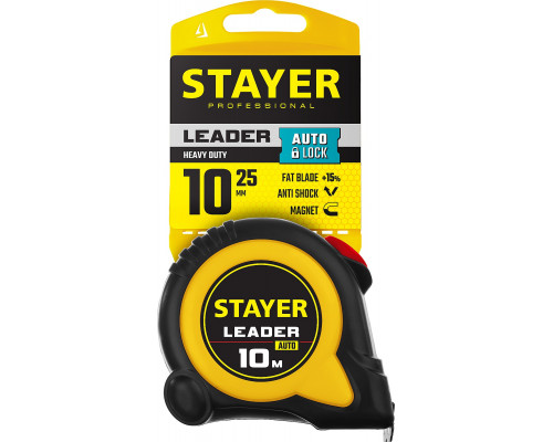 STAYER LEADER 10м / 25мм рулетка с автостопом в ударостойком обрезиненном корпусе