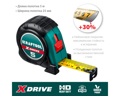 KRAFTOOL X-Drive 5м / 25мм рулетка с ударостойким обрезиненным корпусом
