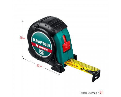 KRAFTOOL X-Drive 5м / 25мм рулетка с ударостойким обрезиненным корпусом
