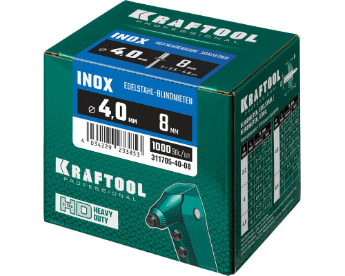 Нержавеющие заклепки Inox, 4.0 х 8 мм, 1000 шт, Kraftool