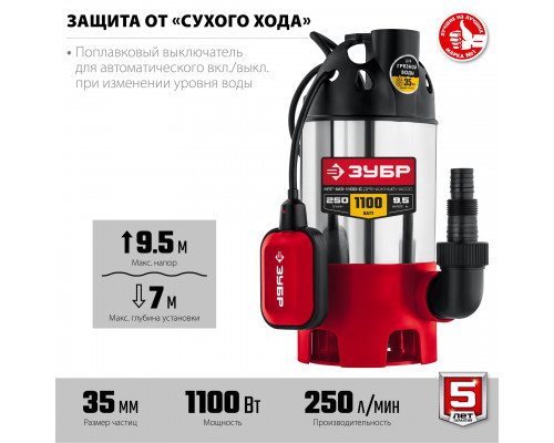 Дренажный насос для грязной воды ЗУБР, корпус - нерж. сталь, 1100 Вт