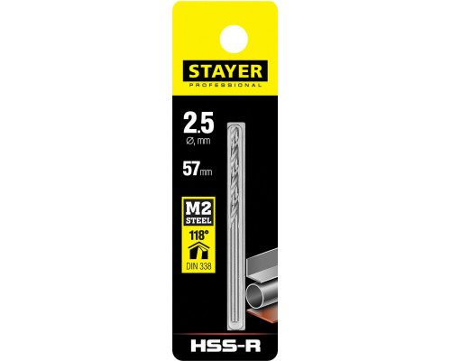 STAYER PROFI 2.5х57мм, Сверло по металлу HSS-R, быстрорежущая сталь М2(S6-5-2)