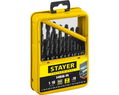 STAYER PROFI 19шт(1-10мм), Набор сверл по металлу, быстрорежущая сталь М2(S6-5-2), класс В, мет.бокс