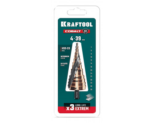 KRAFTOOL COBALT 4-39мм, 14 ступеней, азотирование, винтовая спираль, сверло ступенчатое(29691-4-39-14)