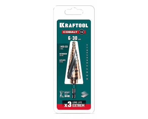 KRAFTOOL COBALT 6-30мм, 13 ступеней, азотирование, винтовая спираль, сверло ступенчатое(29691-6-30-13)