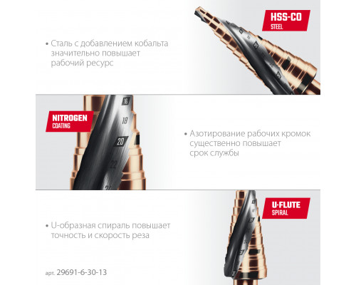 KRAFTOOL COBALT 6-30мм, 13 ступеней, азотирование, винтовая спираль, сверло ступенчатое(29691-6-30-13)