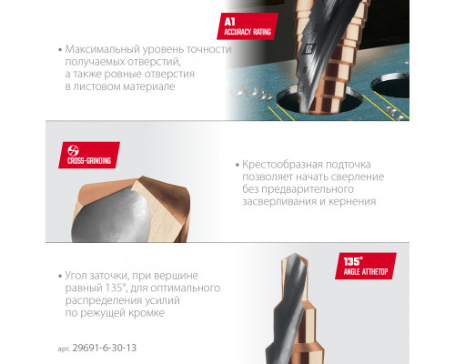 KRAFTOOL COBALT 6-30мм, 13 ступеней, азотирование, винтовая спираль, сверло ступенчатое(29691-6-30-13)
