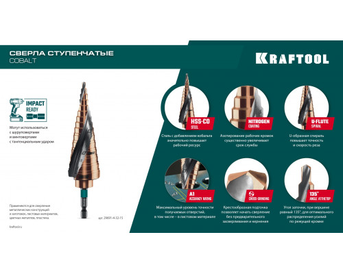 KRAFTOOL COBALT 6-30мм, 13 ступеней, азотирование, винтовая спираль, сверло ступенчатое(29691-6-30-13)