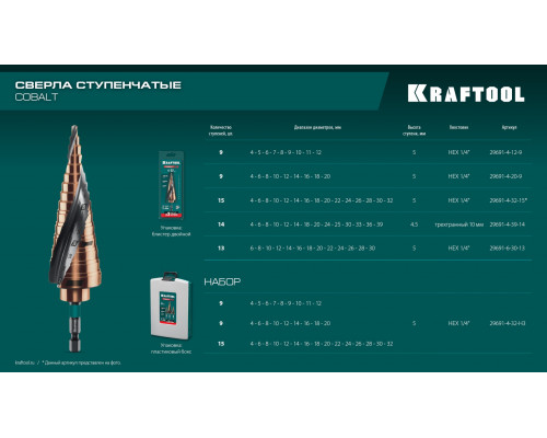 KRAFTOOL COBALT 6-30мм, 13 ступеней, азотирование, винтовая спираль, сверло ступенчатое(29691-6-30-13)