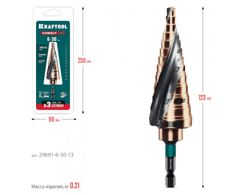KRAFTOOL COBALT 6-30мм, 13 ступеней, азотирование, винтовая спираль, сверло ступенчатое(29691-6-30-13)