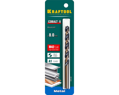 KRAFTOOL COBALT 8.0 х117мм, Сверло по металлу HSS-Co(8%) , сталь М42(S2-10-1-8)