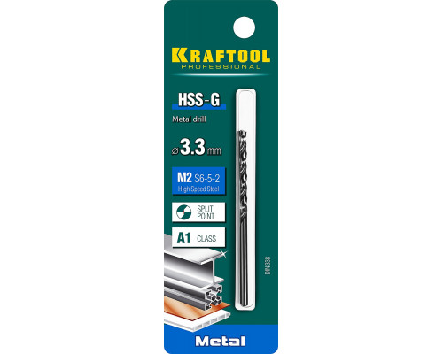 KRAFTOOL HSS-G 3.3 х65мм, Сверло по металлу HSS-G, сталь М2(S6-5-2)