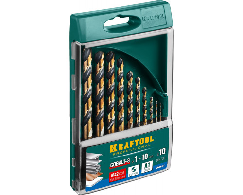 KRAFTOOL COBALT 10шт(1-10мм), Набор сверл по металлу HSS-Co(8%), сталь М42(S2-10-1-8)