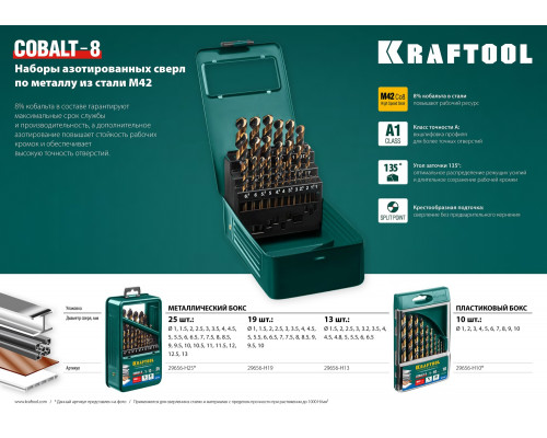 KRAFTOOL COBALT 10шт(1-10мм), Набор сверл по металлу HSS-Co(8%), сталь М42(S2-10-1-8)