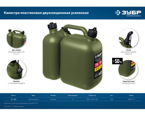 Пластиковая усиленная двухсекционная канистра ЗУБР 5 + 2.5 л, ПРОФЕССИОНАЛ