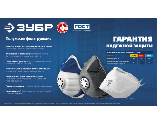 Коническая фильтрующая полумаска ЗУБР Ф-95, класс защиты FFP2