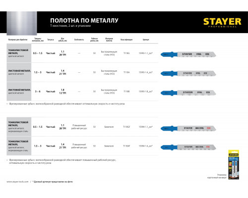 STAYER T118AF, полотна для эл/лобзика, Bi-Metal, по металлу (1,5-3мм), Т-хвостовик, шаг 1,4мм, 50мм, 2шт, STAYER Professional