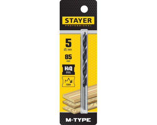 STAYER ″M-type″ 5,0x85/45мм, сверло спиральное по дереву, М-образная заточка