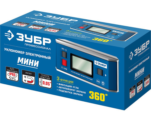 МИНИ уровень-уклономер электронный, IP65, Магнитный, Диапазон 0-90°, Точность ±0,05°, 3 кнопки, HOLD, Подсветка, Автоповорот, ЗУБР Профессионал