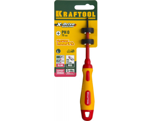 Отвертка KRAFTOOL, высоковольтная, Cr-Mo-V стержень, двухкомпонент. маслобензостойкая рукоятка, PH №0, 60мм