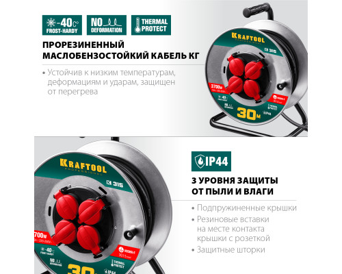 Силовой удлинитель на стальной катушке KRAFTOOL КГ 3х1.5 30м 3700Вт IP44, K-315