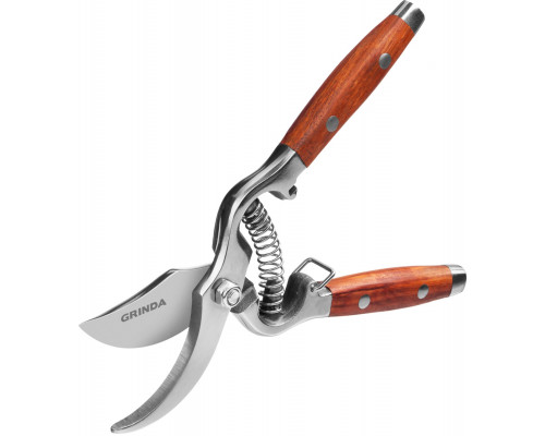 Цельнокованый плоскостной секатор GRINDA PROLine P-15 210 мм из нержавеющей стали с деревянными рукоятками