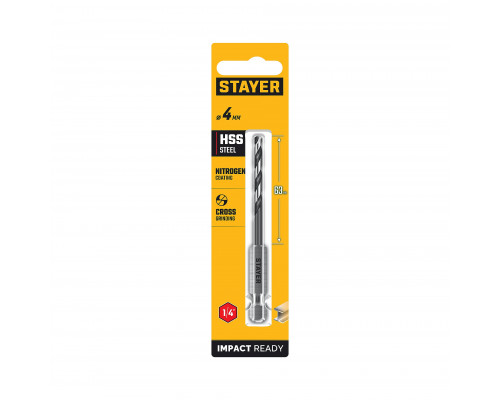 STAYER НЕХ-1/4″, d 4.0 х 98 мм, сверло по металлу для винтовёртов и шуруповертов IMPACT READY (29603-4)