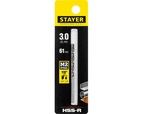 STAYER PROFI 3.0х61мм, Сверло по металлу HSS-R, быстрорежущая сталь М2(S6-5-2)