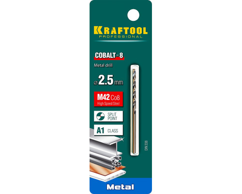 KRAFTOOL COBALT 2.5 х57мм, Сверло по металлу HSS-Co(8%) , сталь М42(S2-10-1-8)