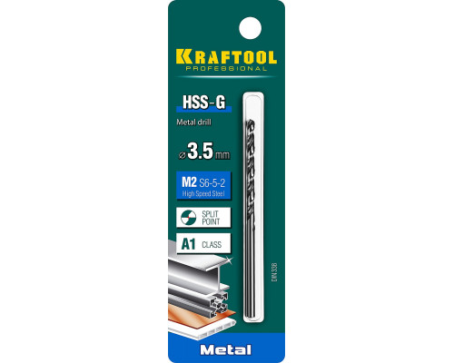 KRAFTOOL HSS-G 3.5 х70мм, Сверло по металлу HSS-G, сталь М2(S6-5-2)