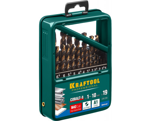 KRAFTOOL COBALT 19шт(1-10мм), Набор сверл по металлу HSS-Co(8%), сталь М42(S2-10-1-8)