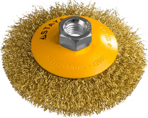 STAYER ″PROFESSIONAL″. Щетка коническая для УШМ, витая стальная латунированная проволока 0,3мм, 100ммхМ14