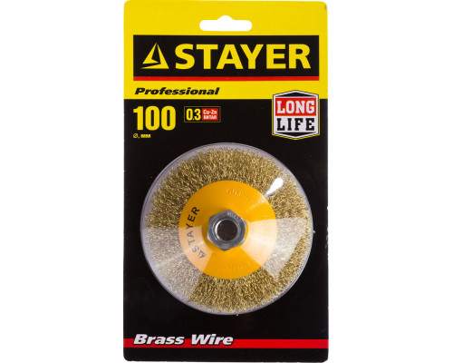 STAYER ″PROFESSIONAL″. Щетка коническая для УШМ, витая стальная латунированная проволока 0,3мм, 100ммхМ14