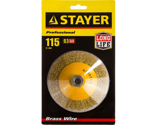 STAYER ″PROFESSIONAL″. Щетка коническая для УШМ, витая стальная латунированная проволока 0,3мм, 115ммхМ14