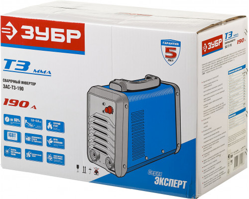 Инвертор сварочный, ЗУБР Профессионал ЗАС-Т3-190, 190А, MMA,IGBT,Форсаж дуги,Горячий старт,Антиприлипание эл-да,ПВ-60%,220В (мин 160В)