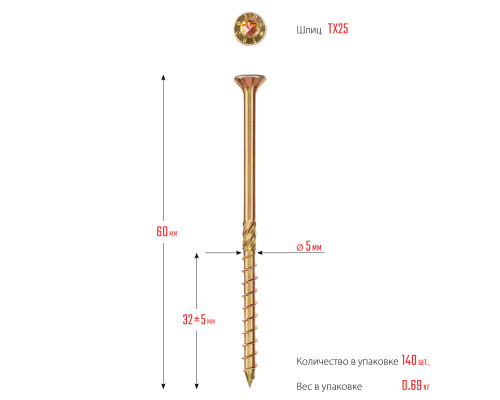 Конструкционные саморезы КС-П 60 х 5.0 мм, 140 шт., желтый цинк, ЗУБР