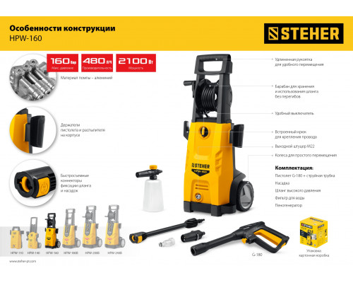 Мойка высокого давления STEHER 160 Атм, 2100 Вт