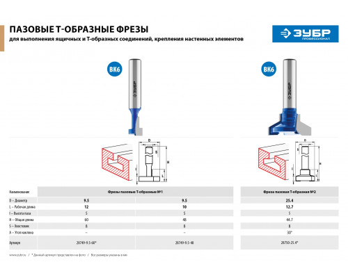 ЗУБР 9.5x12мм, высота 5мм, фреза пазовая Т-образная №1