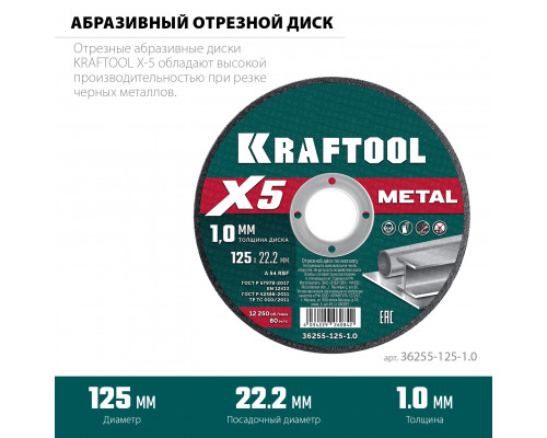 KRAFTOOL X5 Metal 125x1.0 мм по металлу отрезной диск для УШМ (36255-125-1.0)