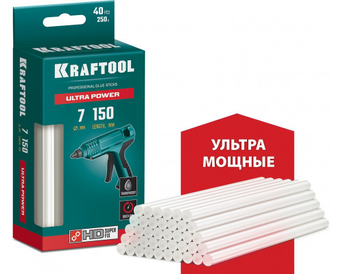 KRAFTOOL Ultra Power ультрамощные прозрачные клеевые стержни, d 7 x 150 мм (7-8 мм) 40 шт. 250 г.