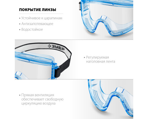 Защитные очки ЗУБР ПАНОРАМА П прямая вентиляция, увеличенный угол обзора, Профессионал