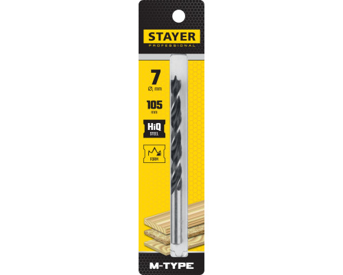 STAYER ″M-type″ 7,0x105/75мм, сверло спиральное по дереву, М-образная заточка