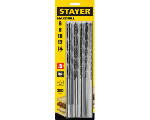 STAYER ″Maxdrill″ 5 шт., 6-8-10-12-14 х 300 мм, набор сверл спиральных по дереву