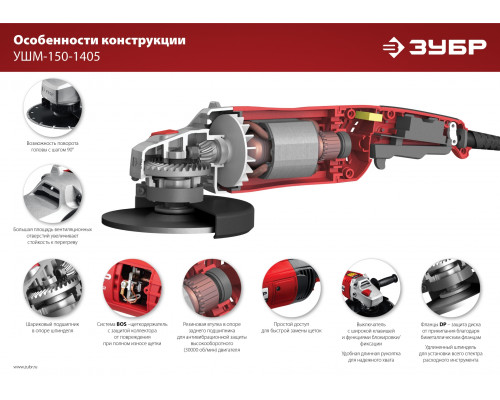УШМ ЗУБР, УШМ-150-1405, 150 мм, 1400 Вт