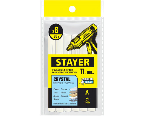 STAYER Cristal прозрачные универсальные клеевые стержни, d 11 мм х 100 мм 6 шт. 60 г.