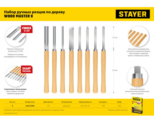 STAYER Wood Master, набор ручных резцов по дереву, 8шт
